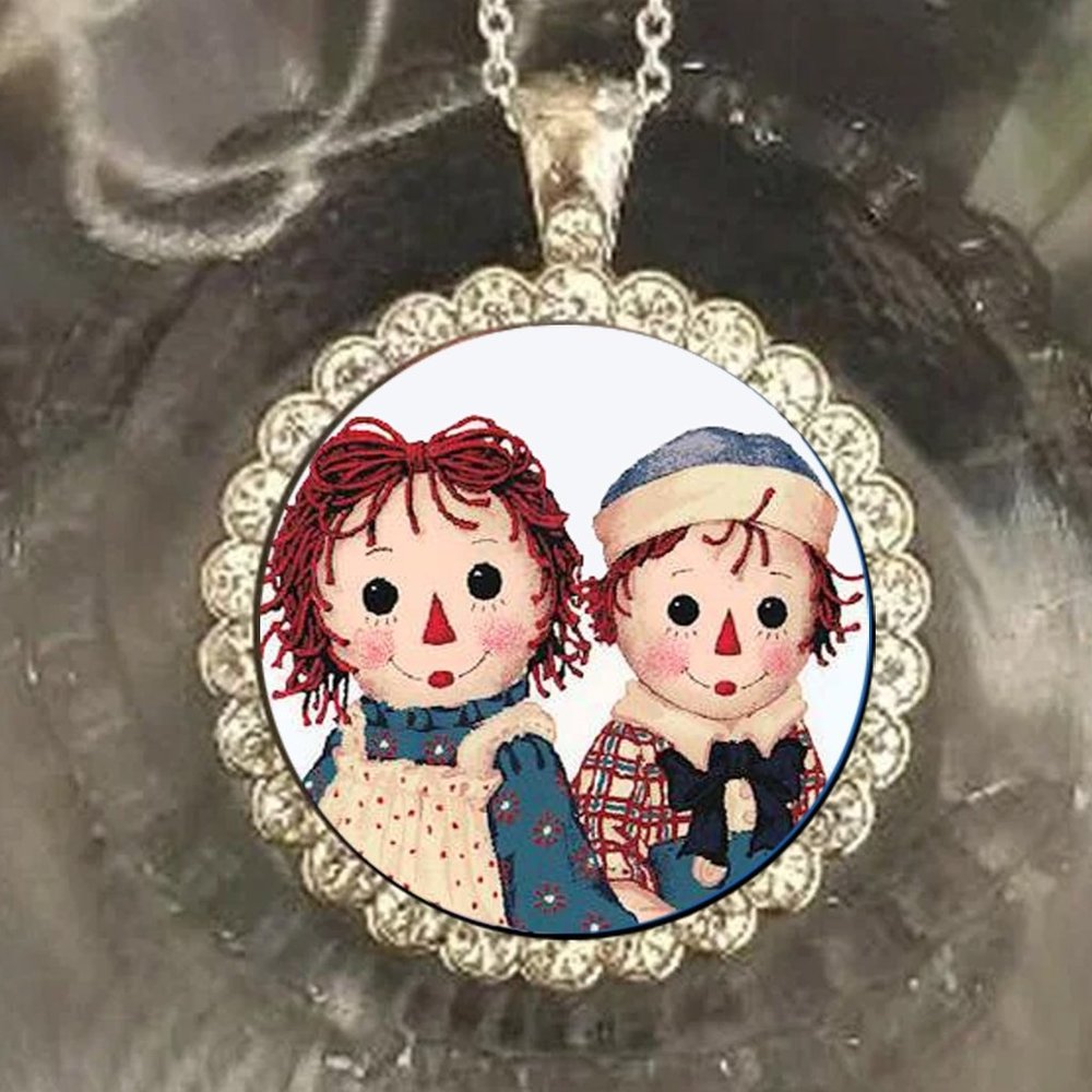 Raggedy Ann And Andy Bling silver necklace rhinestones cute gift